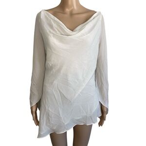 Vintage Dawn Joy Solid White Layered Asymmetrical Flutter Sleeve Blouse w/ Beads